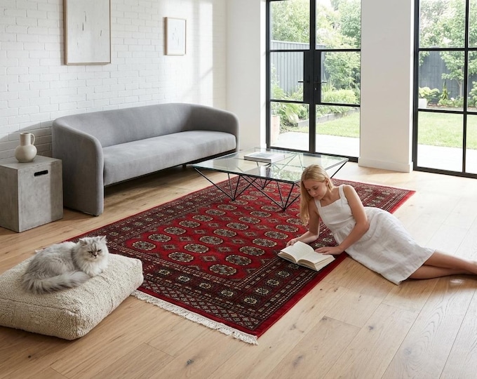 4.2 X 6.2 ft Red Geomatrical Handmade Runner, Mori Bokhara Cotton and Wool