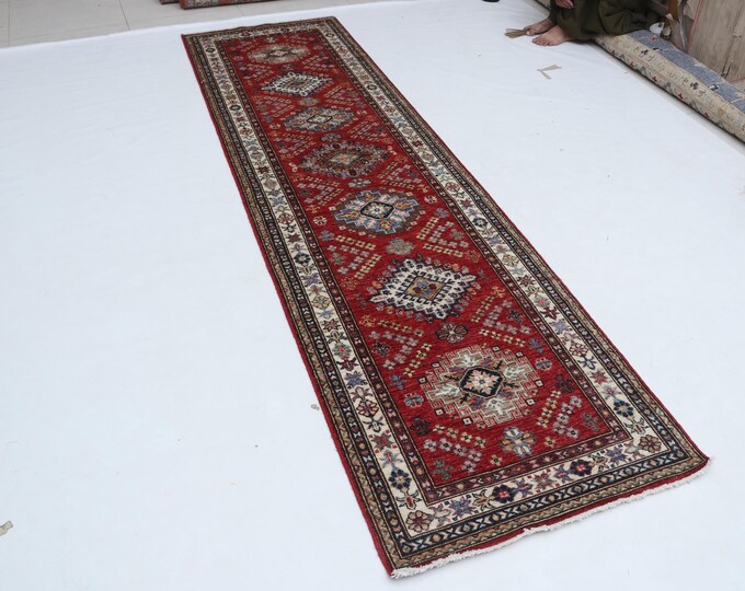 3 X 10 ft Red and Beige Geomatrical Handmade Runner, Super Kazak Cotton and Wool