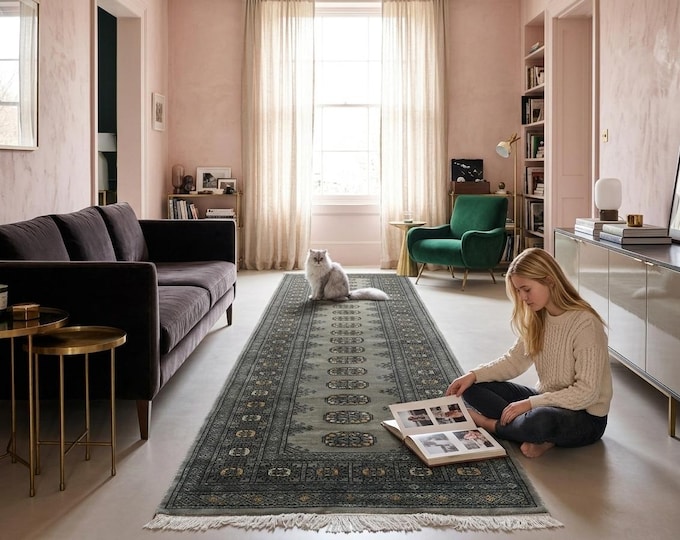 2.7 X 11.2 ft Gray Geomatrical Runner Handmade, Mori Bokhara Cotton and Wool