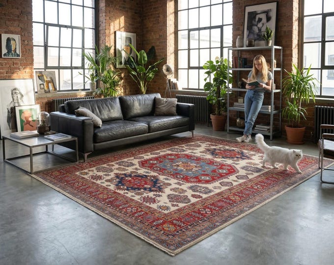 8.0 x 9.5 ft Beige and Red Geomatrical Handmade , Super Kazak Cotton and Wool