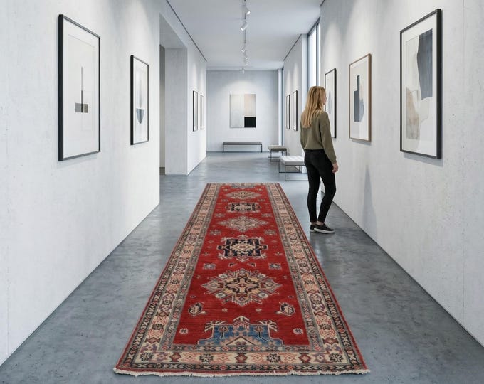 3 X 8 ft Red and Beige Geomatrical Handmade Runner , Super Kazak Cotton and Wool