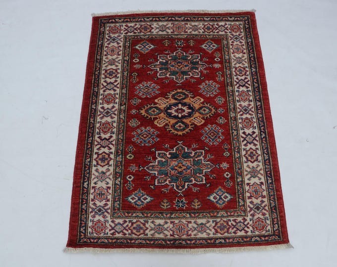 2.8 X 3.9 ft Red and Beige Geomatrical Handmade, Super Kazak Cotton and Wool
