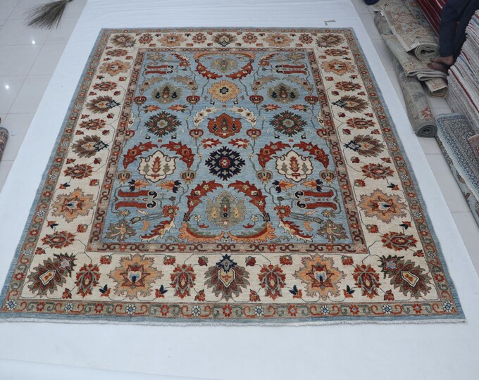 9.1 X 11.3 ft Blue and Beige Floral Handmade ,Oshak Wool