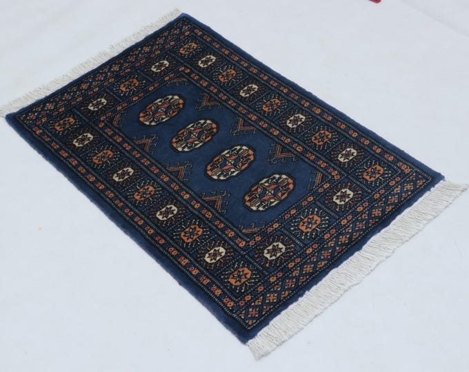 2.1 X 3.1 ft Blue Geomatrical Handmade ,Mori Bokhara Cotton and Wool