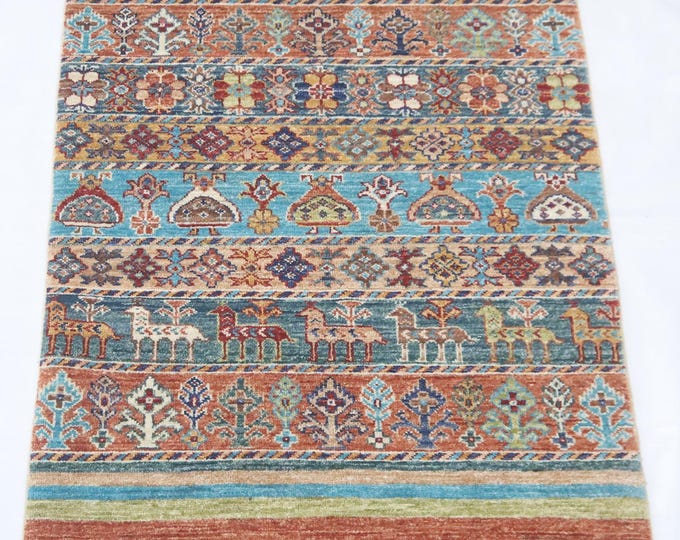3x4 Afghan Khorjin Rug – Handmade Wool Animal & Striped Design