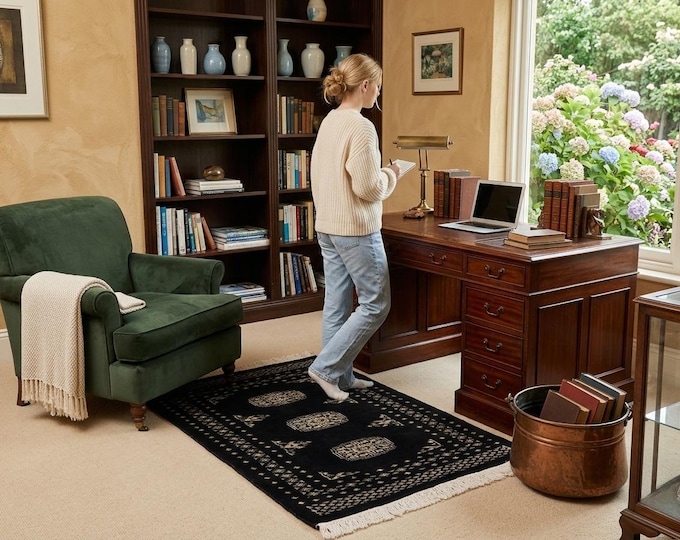 2.1 X 3.0 ft Black Geomatrical Handmade ,Mori Bokhara Cotton and Wool