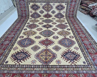 9 X 12 ft Handmade Geometrical Super Kazak Rug, Beige and Red, Cotton and Wool
