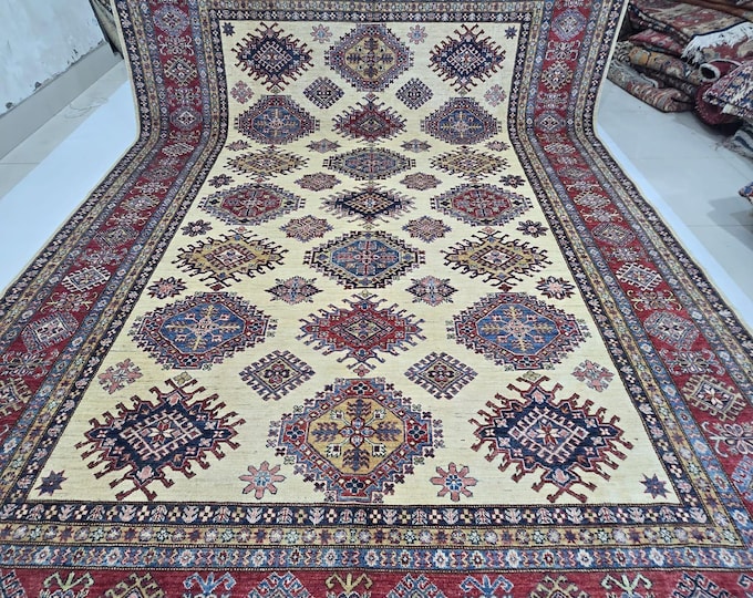 9 X 12 ft Handmade Geometrical Super Kazak Rug, Beige and Red, Cotton and Wool