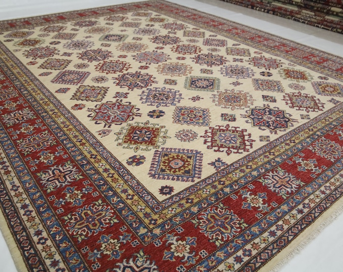 8x10 Kazak Area Rug – Hand-Knotted Wool, Beige and Red Afghan Design