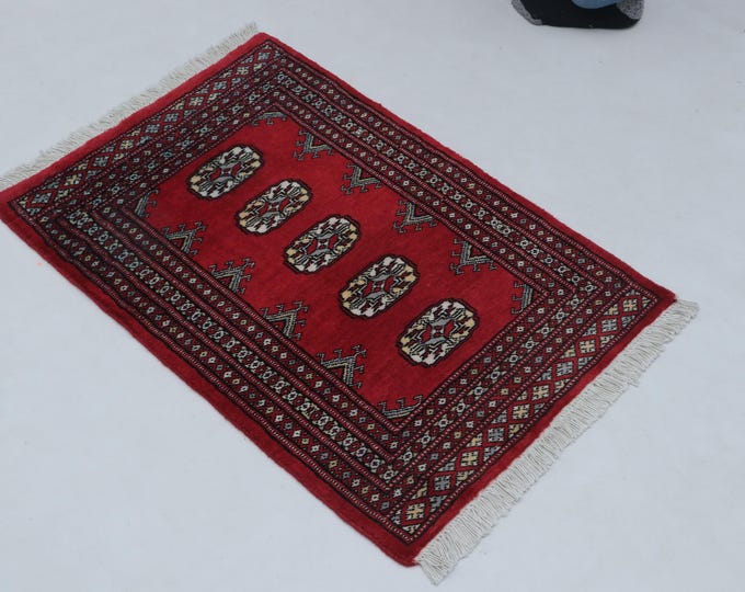 2.1 X 3.1 ft Red Geomatrical Handmade ,Mori Bokhara Cotton and Wool