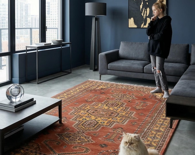 4.1 X 6.8 ft Copper Geomatrical Handmade ,Farsh-e-Nayle Cotton Wool and Silk touch