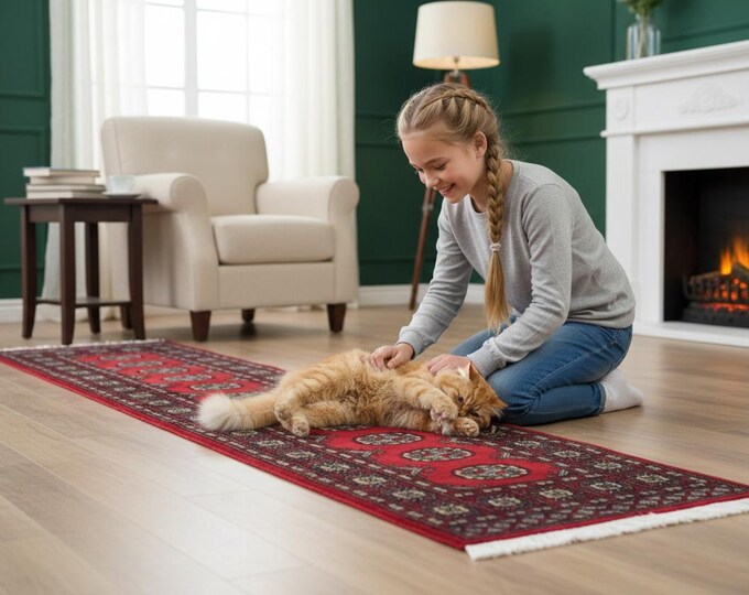 2.6 X 5.9 ft Red Geomatrical Runner Handmade, Mori Bokhara Cotton and Wool
