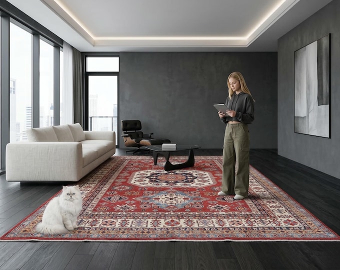 8 X 10 ft Red and Beige Geomatrical Handmade , Super Kazak Cotton and Wool