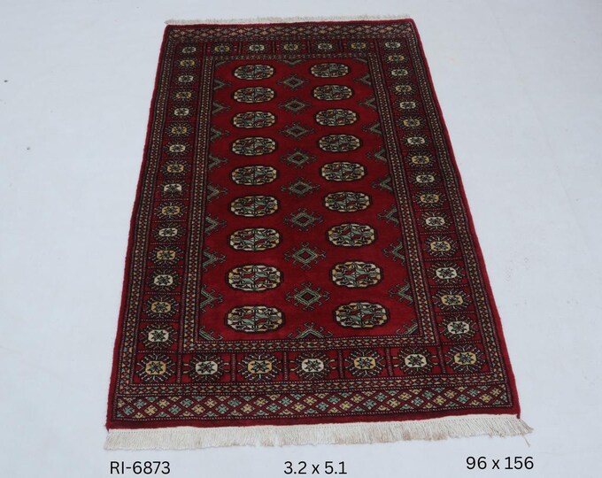 Hand-knotted Mohri Bokhara Cotton and Wool Rug, Geomatrical in Red base and Red border, 3.2 x 5.1 ft