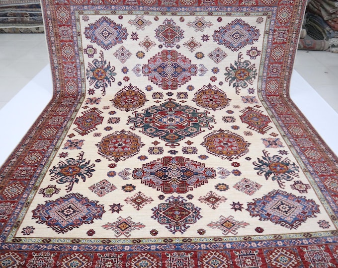 8x10 Beige and Red Kazak Rug – Hand-Knotted Afghan Wool Rug