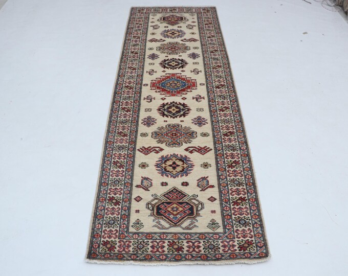 2.8 X 7.10 ft Beige Geomatrical Handmade Runner, Super Kazak Cotton and Wool