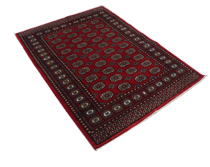 4.2 X 5.7 ft Red Geomatrical Handmade, Mori Bokhara Cotton and Wool