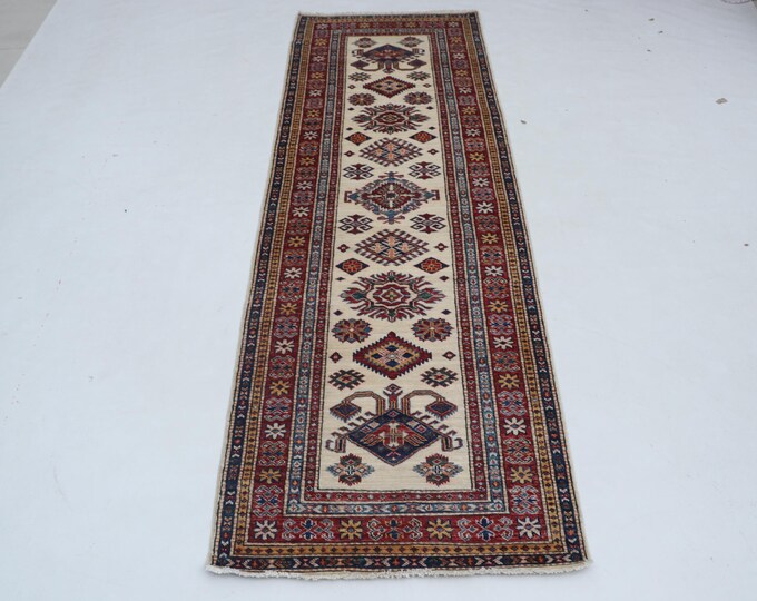 3 X 8 ft Beige and Red Geomatrical Handmade Runner, Super Kazak Cotton and Wool