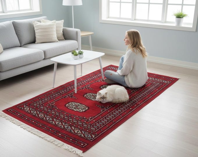 2.6 X 4.0 ft Red Geomatrical Handmade, Mori Bokhara Cotton and Wool