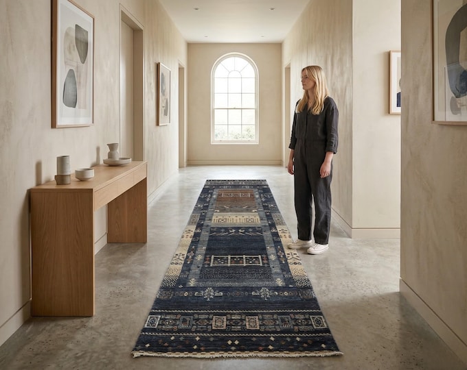 2 X 10 ft Black Rainbow Handmade Runner, Khurjeen Cotton and Wool