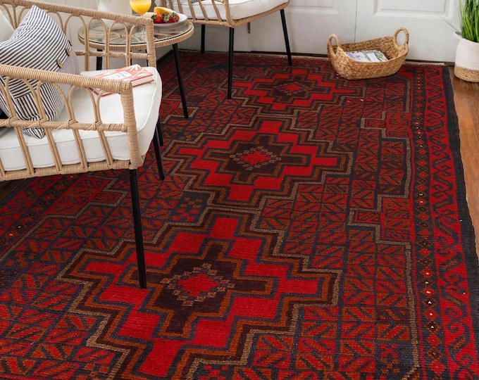 Hand-knotted Baluchi Blue and Orange, 3.93 x 6.56 ft