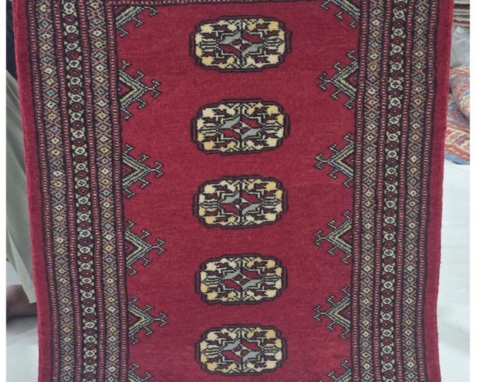 2 X 3 ft Red Geometrical Handmade, Mori Bokhara Cotton and Wool