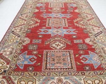 Red Geometric Kazak Rug 6x9 – Handwoven Afghan Wool Area Rug