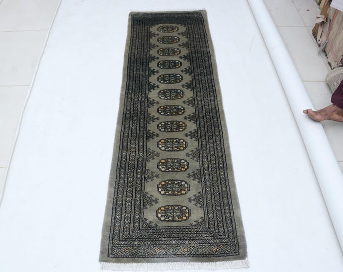1.11 X 6.2 ft Gray Geomatrical Handmade, Mori Bokhara Cotton and Wool