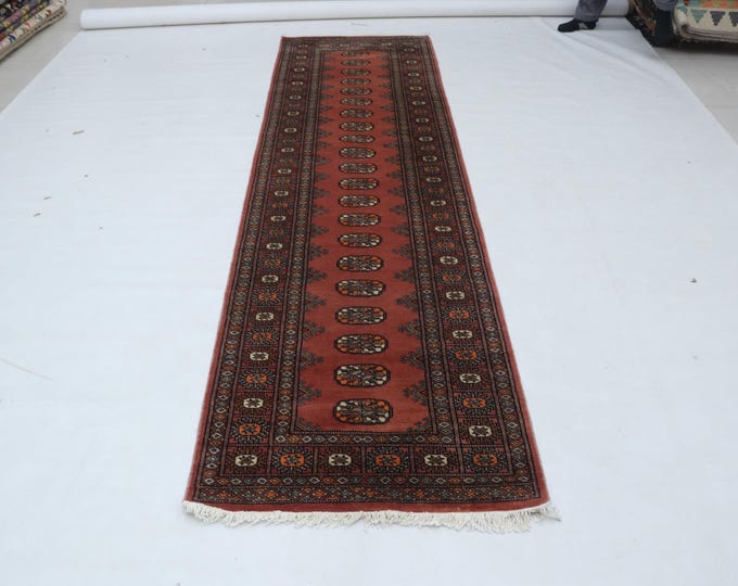 Hand-Knotted Mohri Bokhara Rug, Copper Geometric Wool Touch, 2.8 x 9.8 ft