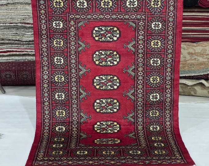 3 X 4 ft Red Geometrical Handmade, Mori Bokhara Cotton and Wool