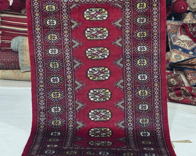2.5 X 4 ft Red Geometrical Handmade, Mori Bokhara Cotton and Wool