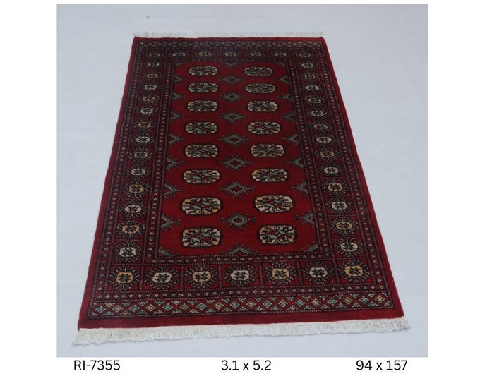 Hand-knotted Mohri Bokhara Cotton and Wool Rug, Geomatrical in Red base and Red border, 3.1 x 5.2 ft