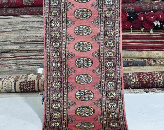 2 X 6 ft Pink Geometrical Handmade Runner, Mori Bokhara Cotton and Wool