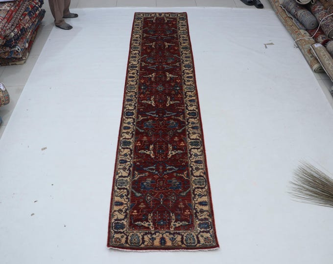 2..6 X 11.5 ft Red and Beige Floral Handmade Runner ,Heriz Cotton and Wool