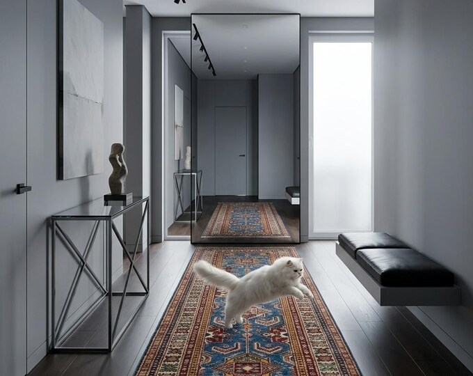 2.8 X 7.8 ft Blue and Beige Geomatrical Handmade Runner, Super Kazak Cotton and Wool