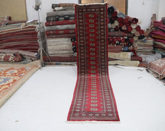 3 X 12 ft Red Geomatrical Handmade Runner, Mori Bokhara Cotton and Wool