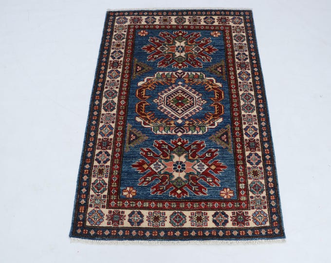 3 X 4 ft Blue and Beige and Red Geomatrical Handmade , Super Kazak Cotton and Wool