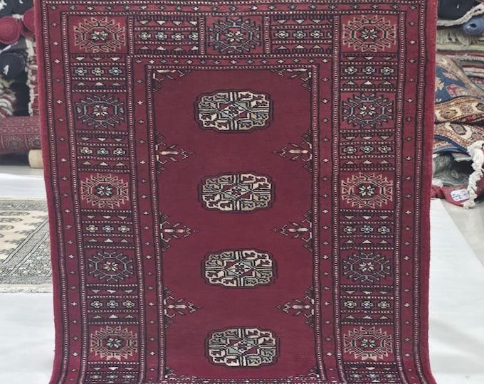 2.5 X 4 ft Red Geometrical Handmade, Mori Bokhara Rug Cotton and Wool