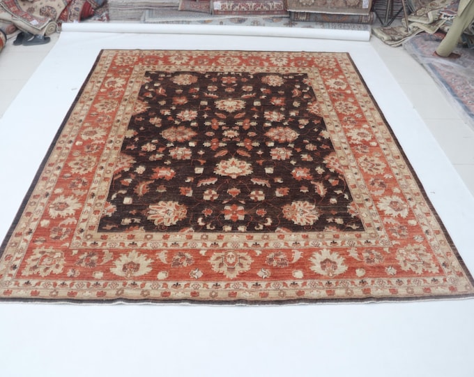 7.11 X 9.7 ft Brown and Copper Floral Handmade ,Heriz Cotton and Wool