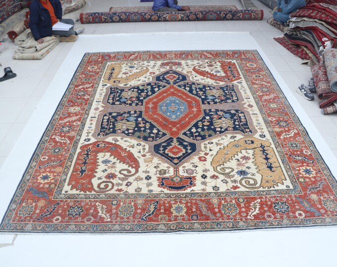 Hand-knotted Chobi Cotton and Wool Rug Floral  in Blue and Red border, 9.3 x 11.9 ft