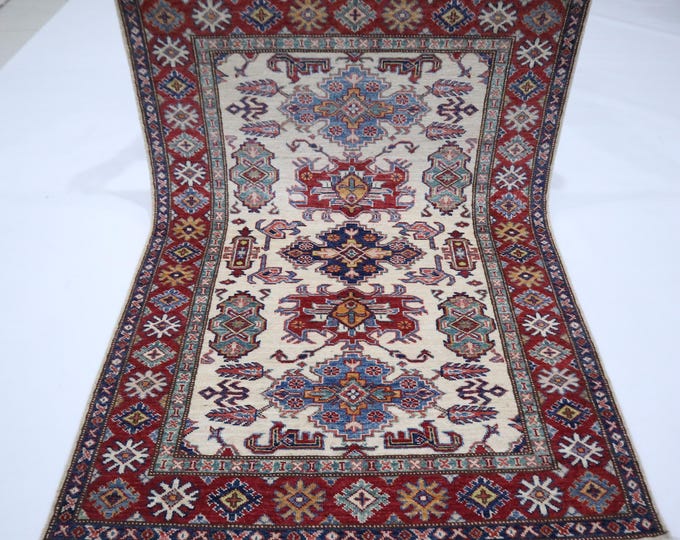 Handmade Wool Kazak Rug – 3x5 Afghan Rug, Beige and Red