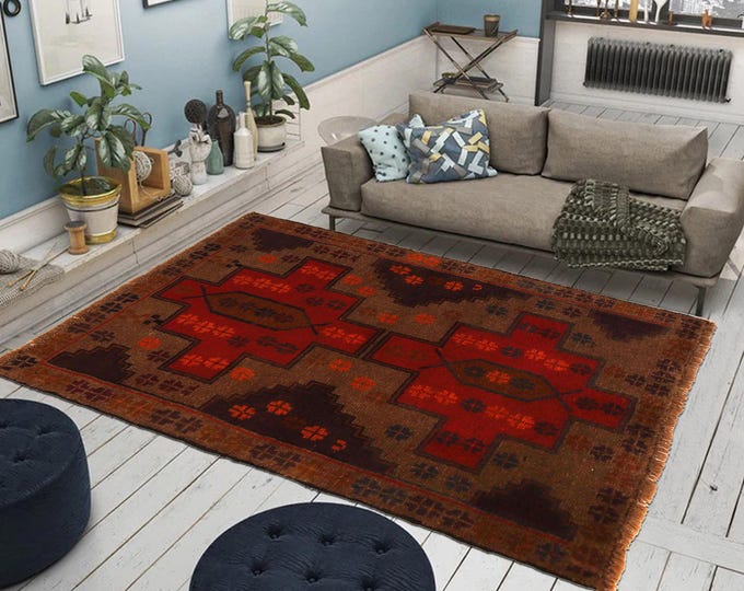 Hand-knotted Baluchi in Brown and Orange 2.95 x 4.59 ft