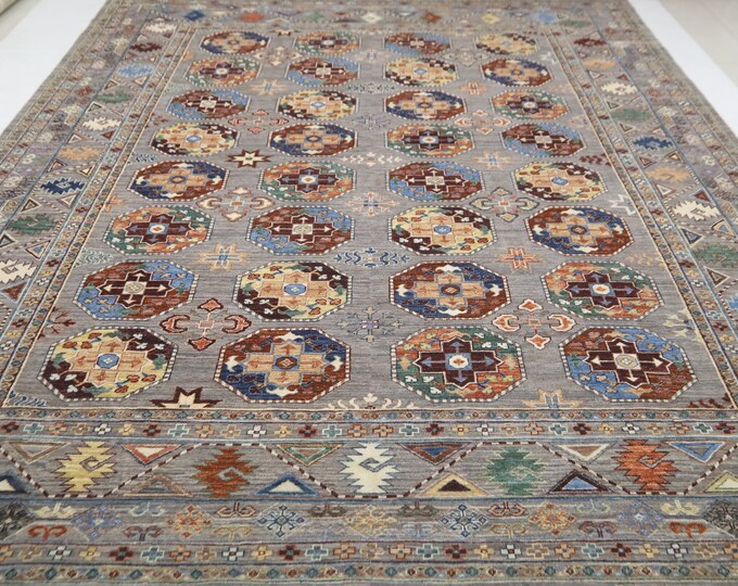 Gray Ersari Rug 9x12 – Handmade Afghan Wool Geometric Rug