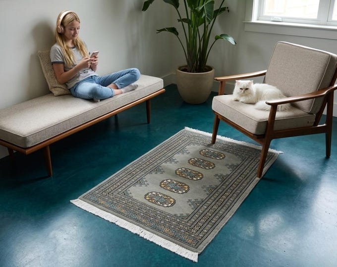 2.1 X 3.1 ft Gray Geomatrical Handmade ,Mori Bokhara Cotton and Wool