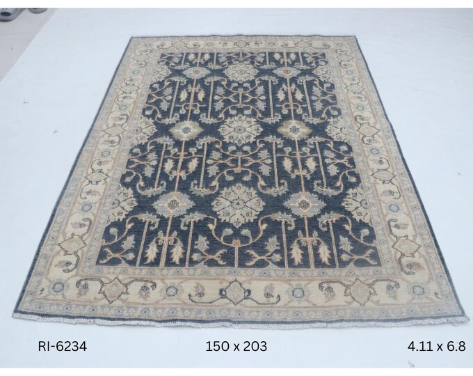 Hand-knotted Chobi Cotton and Wool Rug, Floral in Blue base and Beige border, 4.11 X 6.8 ft