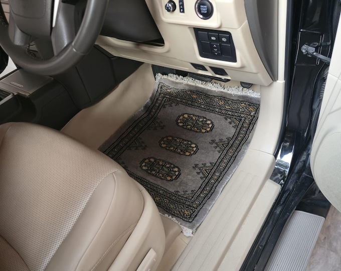 1.5 X 2 ft Geomatric Handmade Car Mats Pair, Gray Wool Car Floor Rugs, Cotton and Wool Car Mats