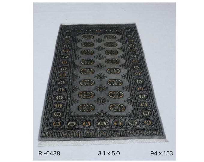 3 X 5 ft Gray Geomatrical Handmade, Mori Bokhara Cotton and Wool