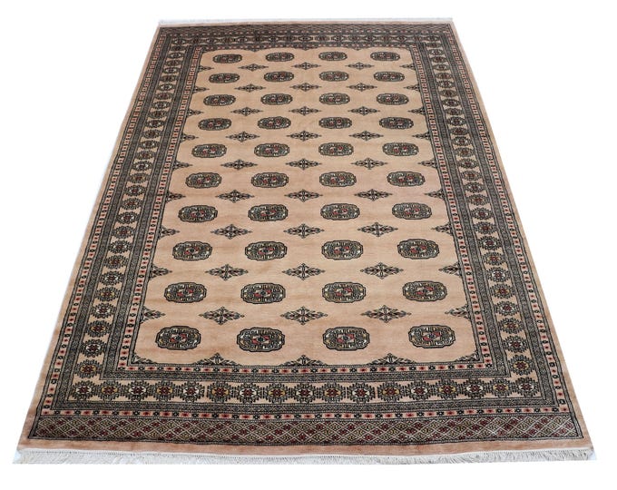 6.5 x 9.5 ft Beige Geomatrical Runner Handmade, Mori Bokhara Cotton and Wool