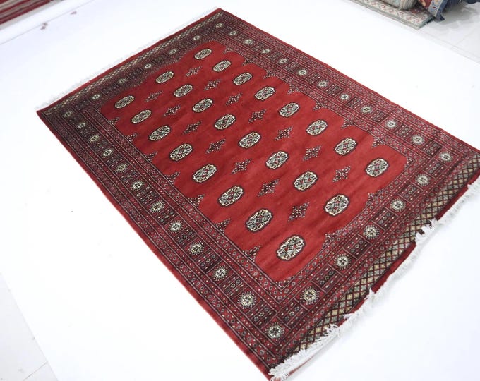 5.5 X 8 ft Handmade Geometrical Mori Bokhara Rug, Red, Cotton and Wool
