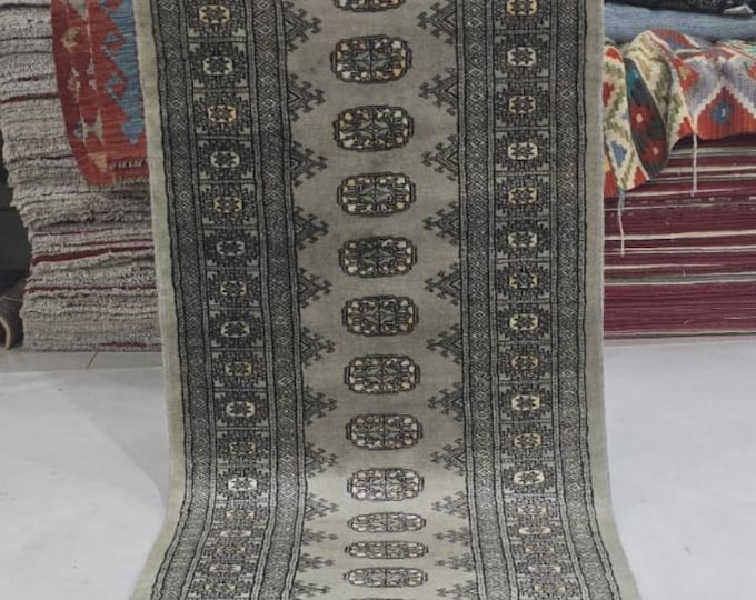 2.5 X 10 ft Gray Geometrical Handmade Runner, Mori Bokhara Cotton and Wool